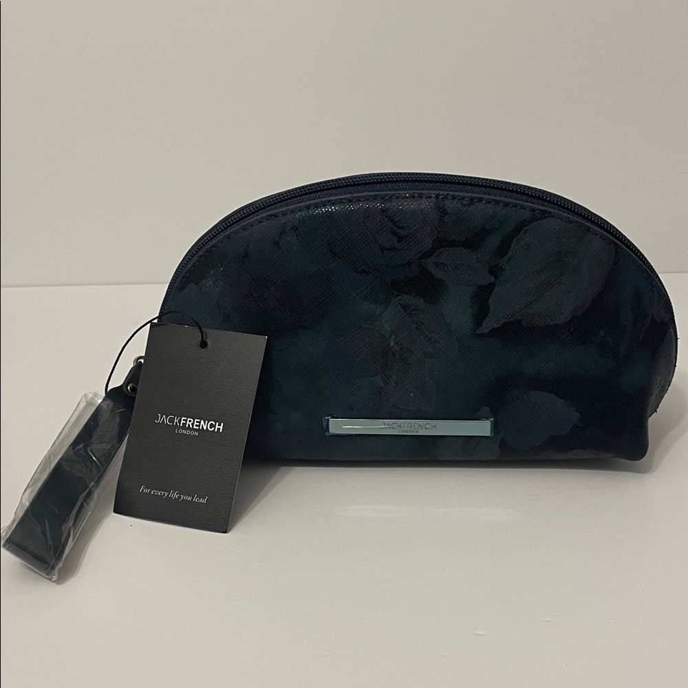 Jack French Navy Leather with Floral Print Cosmetic Bag